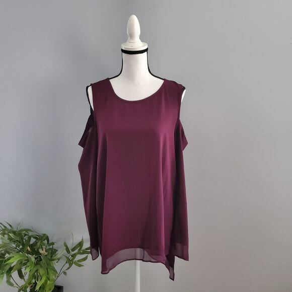Simply Vera Vera Wang Purple Cold Shoulder Sheer Tiered Top L - Picture 1 of 8
